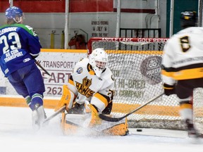 Dustin Leroux scores for the Melfort Mustangs against the Nipawin Hawks on Friday, Dec. 31. Omar Sherif / Postmedia