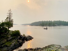 July included a solo trip on the French River. I found a beautiful island site with an excellent swimming spot and a perfect view of the sunset. The forest fires that were underway in northwestern Ontario cast a rosy, hazy hue to the scene, lending it an almost painterly feel.