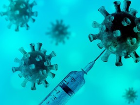 Watercolor cut plastic medical syringe with coronavirus COVID-19 vaccine