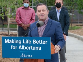 Premier Jason Kenney speaks at the ribbon cutting ceremony for Willow Square Continuing Care Centre in Fort McMurray on June 25, 2021. Photo by Robert Murray