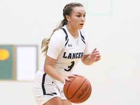 Ursuline Lancers' Marissa Beselaere plays against the St. Patrick's Fighting Irish during the LKSSAA senior girls' basketball AAA championship at Ursuline College Chatham in Chatham, Ont., on Thursday, Nov. 18, 2021. Mark Malone/Chatham Daily News/Postmedia Network