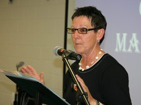 Hockey legend and Wallaceburg-area native Marian Coveny speaks during her retirement ceremony at Loyola Catholic Secondary School in Mississauga, Ont., on June 11, 2009. (Contributed Photo)