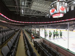 The London Knights stand for the national anthems in Budweiser Gardens before a game against the Flint Firebirds on Jan. 7, 2022. The province is not allowing fans to attend games to limit the spread of COVID-19. (Mike Hensen/The London Free Press)