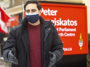 Peter Fragiskatos, Liberal MP for London North Centre, says that despite the vandalism of his signage and harassment of his staff, he won't back down from his pro-public health and vaccination stand. Fragiskatos says his sign was covered by stickers and markers Wednesday morning with anti-vaccination mottos. Photograph taken Wednesday Jan. 12, 2022. (Mike Hensen/The London Free Press)