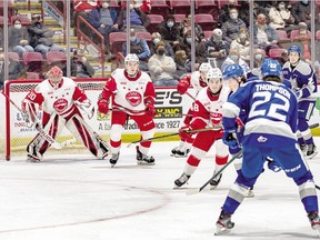 The Soo Greyhounds line up in defence against Sudbury Wolves point man Jack Thompson in recent Ontario Hockey League action at GFL Memorial Gardens. The Hounds aquired an elite right shot the defender the club was looking for, giving Marc Boudreau, Jacob Holmes and a second-round pick in the 2022 OHL draft