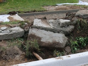 A section of sidewalk that had to be replaced when someone walked along it before it set in Kincardine.