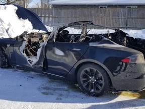 This Tesla, valued at $70,000,  was destroyed by fire Jan. 14 in Tiverton. [SUPPLIED]
