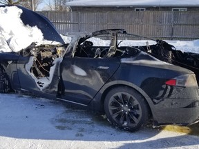 An OPP image of the Tesla that was destroyed by fire Friday in Tiverton. SUPPLIED PHOTO