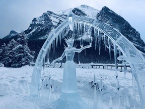 The ice carving called Ice Queen Treasures, by Karlis Ile and Maija Puncule from Latvia, which won first place at the 2019l Ice Magic Festival in front of Lake Louise and the Victoria Glacier. This year the Carving Demonstrations will run January 22, 23 & 29, 30, at Fairmont Chateau Lake Louise. Photo Marie Conboy/ Postmedia.