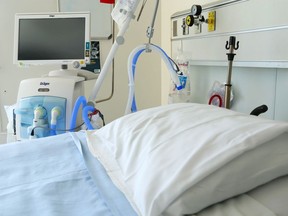 A ventilator stands beside a bed in the regional intensive care unit at Belleville General Hospital. The unit had nine COVID-positive patients as of mid-morning Wednesday; three of those were admitted due to other conditions.