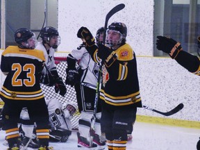 Aidan Hughes reacts after scoring the Beaumont Chiefs' second goal in their 4-2 win over the Leduc Riggers Tuesday night at home. The Chiefs have won six in a row in Capital Junior Hockey League play. (Dillon Giancola)