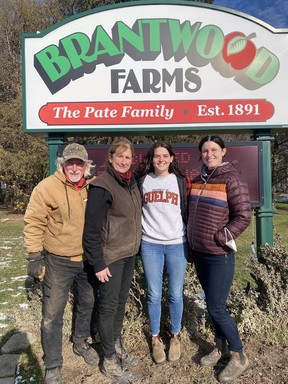 Noelle Adams (second from right) poes with Pate family members Tom, Dawn and Kara at Brantwood Farms.  Adams is one of two Brant County Federation of Agriculture scholarship recipients.  Submitted