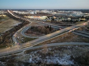 This photo taken on Friday shows a section of the Wayne Gretzky Parkway that was closed bt police after concrete fell from the overpass onto Highway 403. The parkway and the 403 were reopened Saturday after an asssessment done by an engineer with the Ontario Ministry of Transportation.