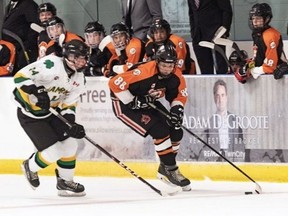 Burford Bulldogs player Atreyu Elliott (88) carries the puck up the ice during a recent Provincial Junior C Hockey League game.