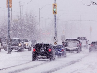 Winds gusting to 60 km/h caused reduced visibility on many area roads due to blowing snow on Monday January 17, 2022 in Brantford, Ontario. The area received about 25 cm of snowfall overnight in the first significant snow storm of 2022. Brian Thompson/Brantford Expositor/Postmedia Network