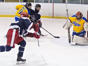 Lucas Braja. shown scoring on BCI goalie Bryce Hunt-Parker, is a key part of Assumption College's boys hockey team this season.