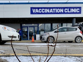 A pavement-level view of Brockville's COVID-19 vaccination clinic on Monday afternoon. (RONALD ZAJAC/The Recorder and Times)