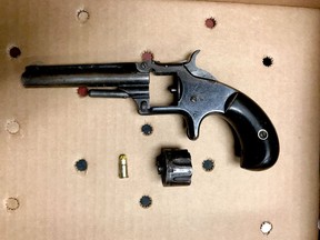 Brockville police seized a handgun and a single bullet after stopping a suspicious vehicle on Perth Street on Tuesday. (SUBMITTED PHOTO)