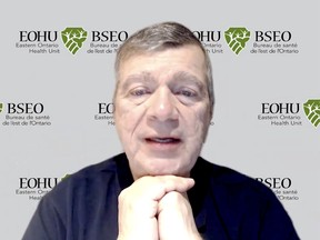 Dr. Paul Roumeliotis, chief medical officer of health for the Eastern Ontario Health Unit, speaks to the Upper Canada District School Board's virtual meeting Wednesday. (SCREENSHOT)