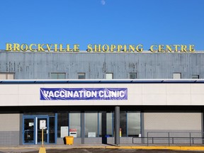 Brockville's COVID-19 vaccination centre is seen under a mid-afternoon moon on Friday, Jan. 14, 2022. (RONALD ZAJAC/The Recorder and Times)