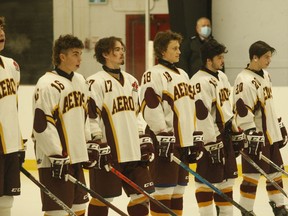 The Athens Aeros line up at their 2021-2022 regular season home-opener in October. 
File photo/The Recorder and Times