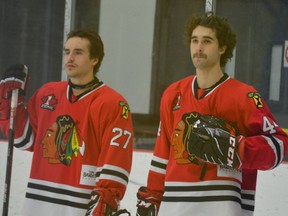 Luke Tchor (left) and Thomas Haynes of the Brockville Braves are among the starters at a home game in November. The CCHL regular season will resume Feb. 2; the Jr. A Braves can expect to play 27 times in 60 days to make up for games postponed the weekend before Christmas and in January.
File photo/The Recorder and Times
