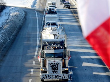 One of the trucks in the "Freedom Convoy" protest bears a message comparing Prime Minister Justin Trudeau to the late Cuban Communist dictator Fidel Castro. (RONALD ZAJAC/The Recorder and Times)