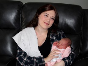 Megan Mazan had her second child Freya at home on Dec. 31, 2021, with help of a local midwife, after giving birth to her first child in hospital two years ago. Both mom and baby, seen here Wednesday, are doing well. (Ellwood Shreve/Chatham Daily News)