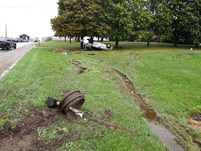 A Chatham-Kent police officer has been cleared of any wrongdoing in connection to the pursuit of this vehicle that crashed on Kent Bridge Road, between Ridge Line and Talbot Trail (Highway 3) on Sept. 23, 2021, causing a 27-year-old Blenheim woman to suffer a dislocated hip. This photo is part of a report by the Special Investigations Unit that was posted online.