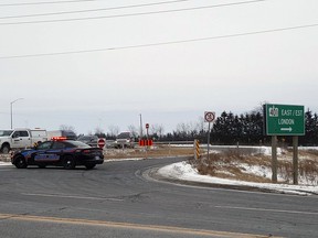 Eastbound 401 traffic was being detoured at Queen's Line in Tilbury on Jan. 27 as provincial police continued to investigate an earlier two-vehicle crash. (Trevor Terfloth/The Daily News)