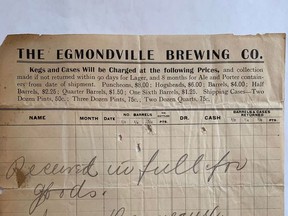 Undated receipt for Egmondville Brewery. Note the measurements and prices. Courtesy Randy McClure