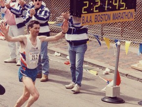 Hendrikus "Harry" Welten, crossing the Boston Marathon finish line in 1994. Handout/Cornwall Standard-Freeholder/Postmedia Network