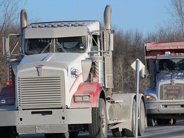 Convoy participants on the Highway 417 westbound off-ramp near Vankleek Hill. Photo on Friday, January 28, 2021, in Vankleek Hill, Ontario.Todd Hambleton/Standard-Freeholder/Postmedia Network