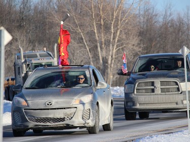 Convoy participants on the Highway 417 westbound off-ramp near Vankleek Hill. Photo on Friday, January 28, 2021, in Vankleek Hill, Ontario.Todd Hambleton/Standard-Freeholder/Postmedia Network