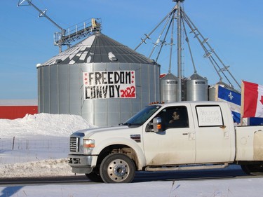 Convoy participants on the Highway 417 westbound off-ramp near Vankleek Hill. Photo on Friday, January 28, 2021, in Vankleek Hill, Ontario.Todd Hambleton/Standard-Freeholder/Postmedia Network