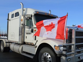 A Freedom Convoy truck arrives at the Petro-Pass Truck Stop on Boundary Rd. on Saturday January 29, 2022 in Cornwall, Ont. Shawna O'Neill/Cornwall Standard-Freeholder/Postmedia Network