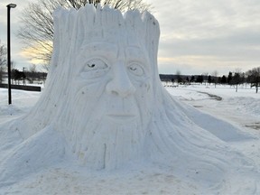 Lamoureux Park has a watchful guardian. Created by Akwesasne artist Ryan Hill, the eight-foot tall snow sculpture is located at the entrance of the Cornwall Civic Complex, for all to see. Photo taken on Monday January 31, 2022 in Cornwall, Ont. Francis Racine/Cornwall Standard-Freeholder/Postmedia Network