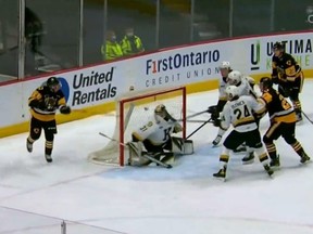 London native George Diaco is winning raves after scoring a lacrosse-style "Michigan" goal for OHL Hamilton in a game on Jan. 16, 2022. The move was made famous a quarter-century ago by another Londoner, Mike Legg, while he played at the University of Michigan. (Screengrab)