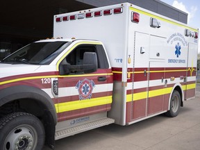 An ambulance parked outside the Willow Square Continuing Care Centre in Fort McMurray on Wednesday, June 23, 2021. Robert Murray/Special to Fort McMurray Today/Postmedia Network