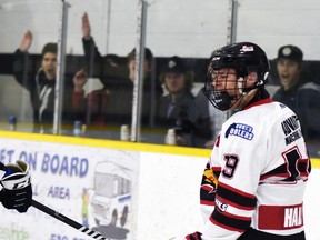 Tyson Hall (19) of the Mitchell Hawks celebrates his second period goal against visiting Mount Forest while fans in the background do as well in their last PJHL game played Dec. 18. After a seven-week hiatus, the Hawks head into their final eight regular season games Feb. 5 in Goderich. Their next home game is Feb. 12 against Kincardine at 7 p.m. ANDY BADER/MITCHELL ADVOCATE