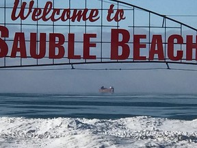 The Herbert C. Jackson can be seen anchored off Sauble Beach Saturday. SUPPLIED PHOTO