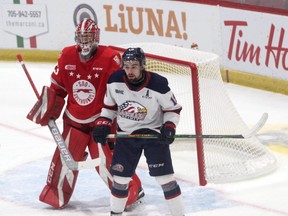 Soo Greyhounds goaltender Samuel Ivanov in action against the Saginaw Spirit on Wednesday night at the GFL Memorial Gardens. Ivanov picked up his 15th victory of the season in the Hounds' 5-1 victory over the Spirit