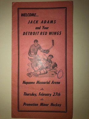 The schedule for the exhibition game of February 27, 1958 played in Napanee between the Detroit Red Wings of the NHL and the Intermediate A team of the Napanee Comets.