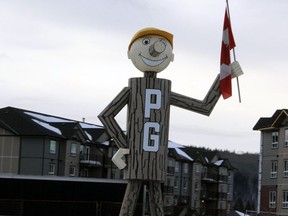 Mr. PG, Prince George's mascot and monument, stands at the intersection of highways 16 and 97 on Jan. 15, 2022.