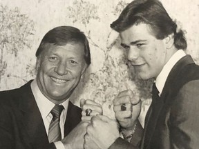 Mickey Mantle and Willie deWit at a 1985 pre-celebrity dinner press conference in Edmonton.