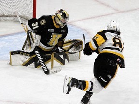 Kingston Frontenacs goaltender Leevi Merilainen makes a penalty shot save, his second in the third period, on Hamilton Bulldogs forward Mark Duarte during Ontario Hockey League action at the Leon's Centre in Kingston on Friday night.