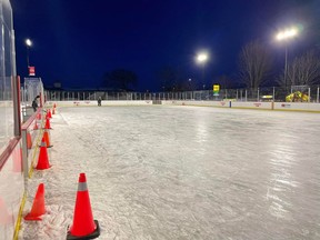 Lights come on at sunset, allowing for evening use. The Gord Brown Memorial Canada 150 Outdoor Rink opened for public free skating on Saturday, January 22.  Supplied by the Town of Gananoque
