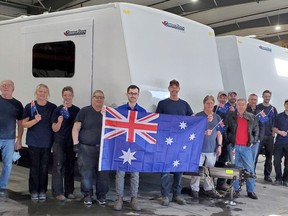 Staff at Hensall's General Coach Canada celebrated recently the company's first ever shipment to Australia. The company, which has been in the RV business in Hensall since 1950, began supplying trailers for movie and television sets about a decade ago.