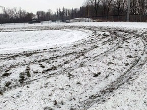 Stratford police say a group of teens have come forward to take responsibility for damaging the baseball diamonds and surrounding grass at the Canadian Baseball Hall of Fame in St. Marys Jan. 7. (Submitted photo)