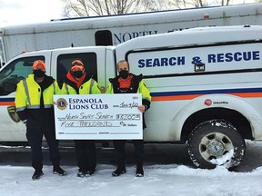 Photo by GRANT LEWIS
The Espanola Lions club was pleased to present a cheque for $5,000 to the North Shore Search and Rescue. Pictured are Adam Page, Mitch Sutherland and Nicole Hanson.